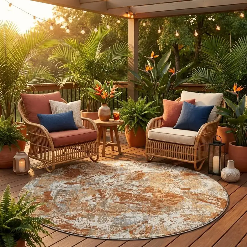 8' Orange And Khaki Round Abstract Washable Indoor Outdoor Area Rug Photo 1