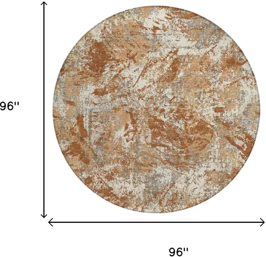 8' Orange And Khaki Round Abstract Washable Indoor Outdoor Area Rug Photo 5