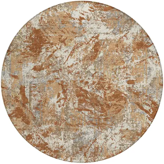 8' Orange And Khaki Round Abstract Washable Indoor Outdoor Area Rug Photo 2
