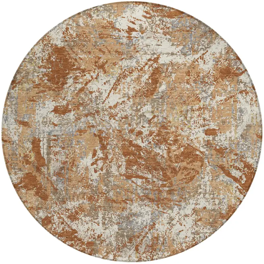 8' Orange And Khaki Round Abstract Washable Indoor Outdoor Area Rug Photo 2