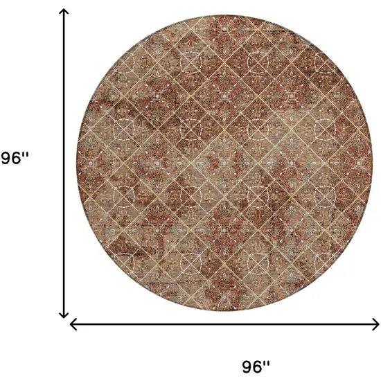 8' Orange And Khaki Round Geometric Washable Indoor Outdoor Area Rug Photo 8