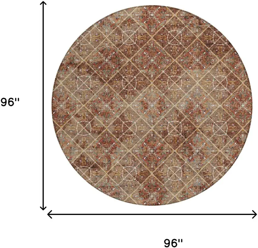 8' Orange And Khaki Round Geometric Washable Indoor Outdoor Area Rug Photo 8