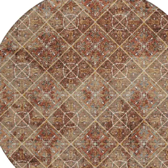 8' Orange And Khaki Round Geometric Washable Indoor Outdoor Area Rug Photo 5