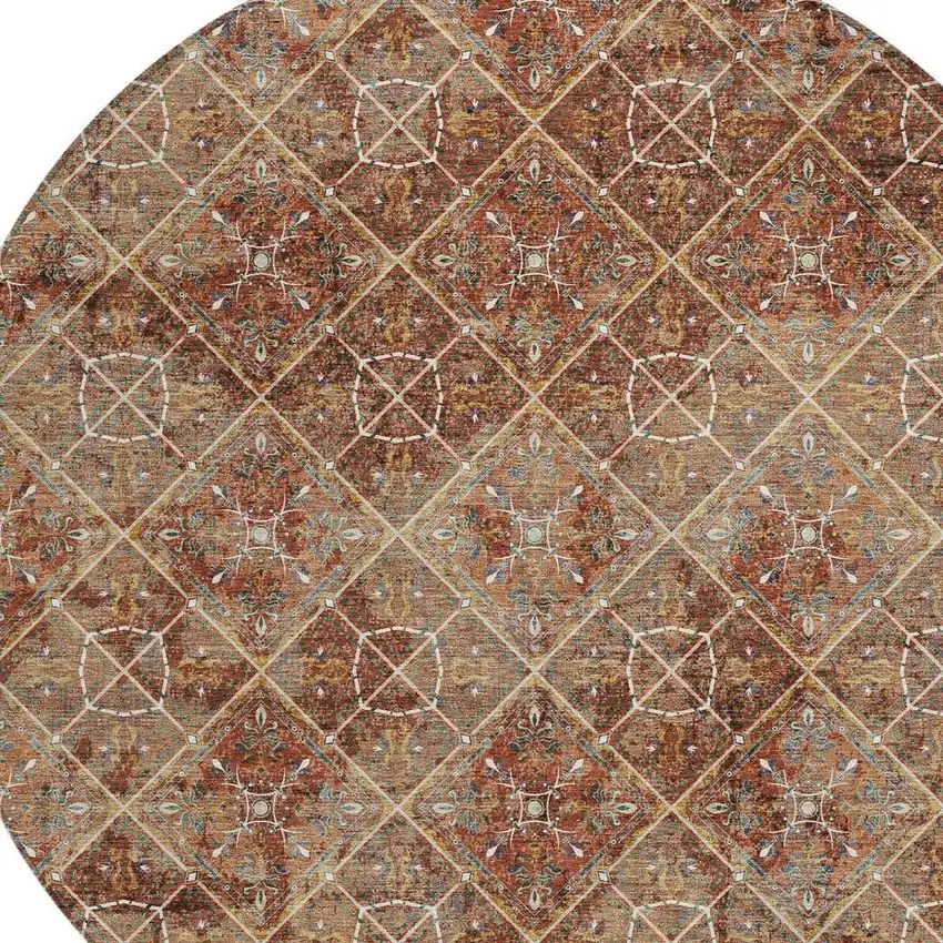 8' Orange And Khaki Round Geometric Washable Indoor Outdoor Area Rug Photo 5