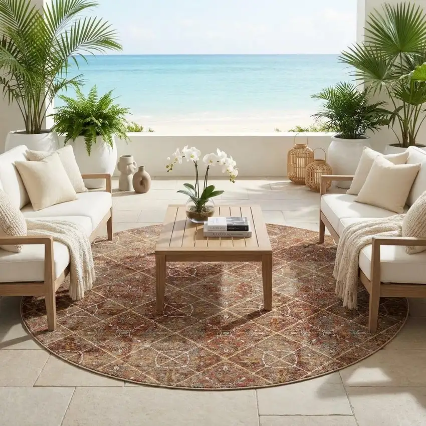 8' Orange And Khaki Round Geometric Washable Indoor Outdoor Area Rug Photo 1