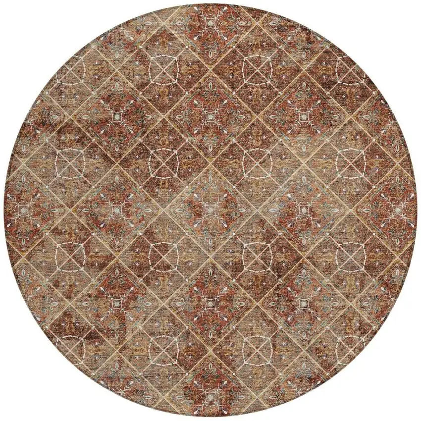 8' Orange And Khaki Round Geometric Washable Indoor Outdoor Area Rug Photo 3