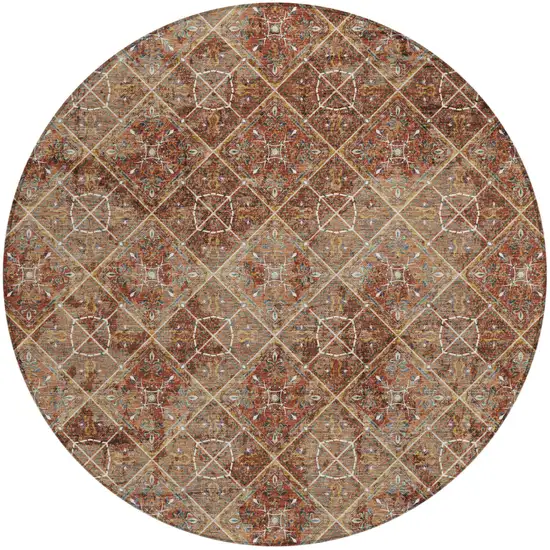 8' Orange And Khaki Round Geometric Washable Indoor Outdoor Area Rug Photo 2