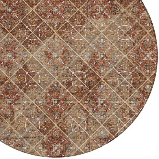 8' Orange And Khaki Round Geometric Washable Indoor Outdoor Area Rug Photo 4