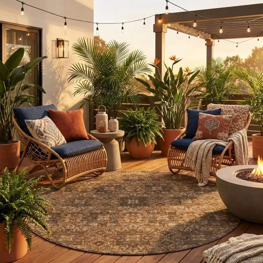 8' Orange And Linen Round Oriental Washable Indoor Outdoor Area Rug Photo 1