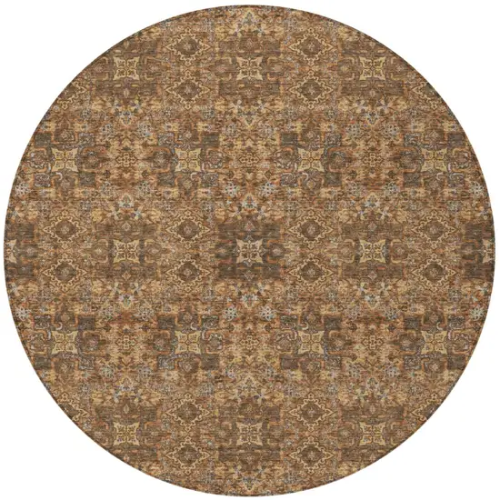 8' Orange And Linen Round Oriental Washable Indoor Outdoor Area Rug Photo 4