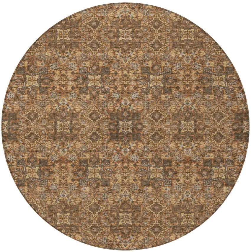 8' Orange And Linen Round Oriental Washable Indoor Outdoor Area Rug Photo 4