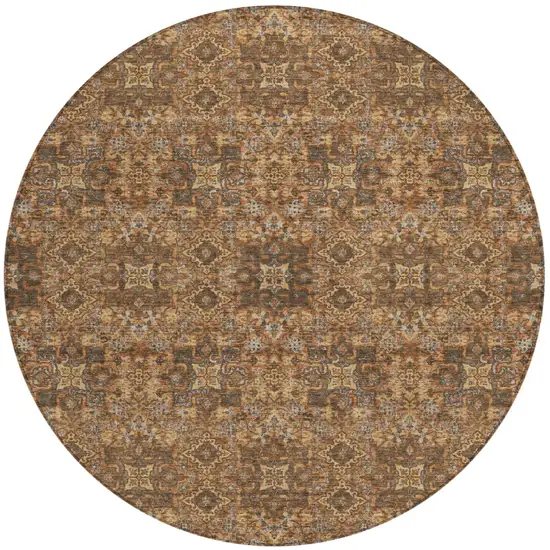 8' Orange And Linen Round Oriental Washable Indoor Outdoor Area Rug Photo 2