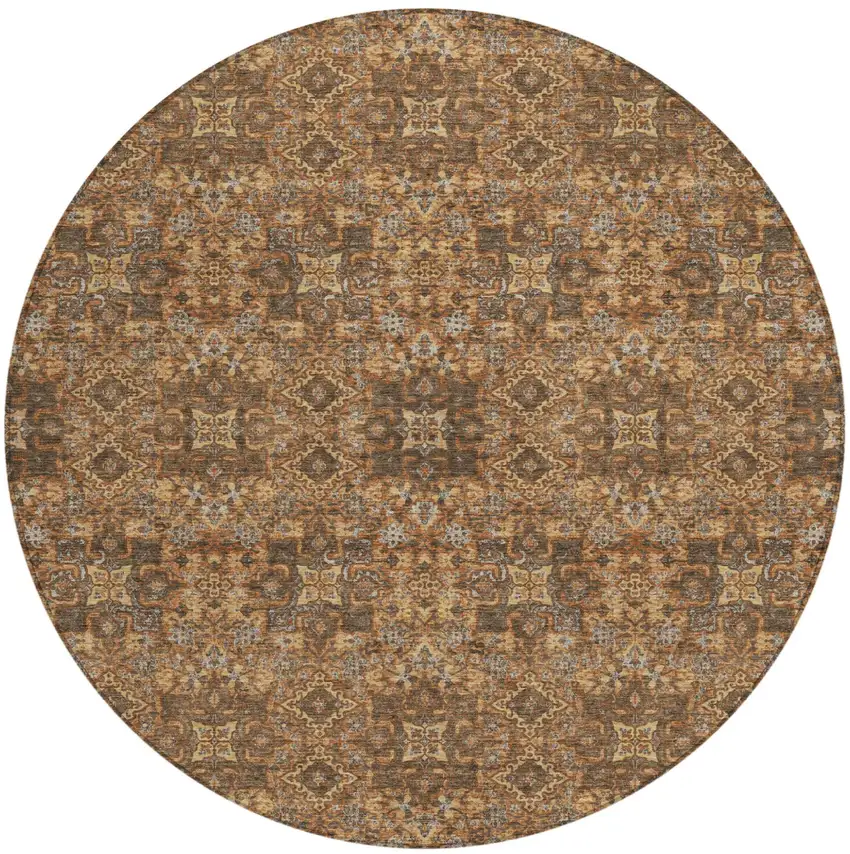 8' Orange And Linen Round Oriental Washable Indoor Outdoor Area Rug Photo 2