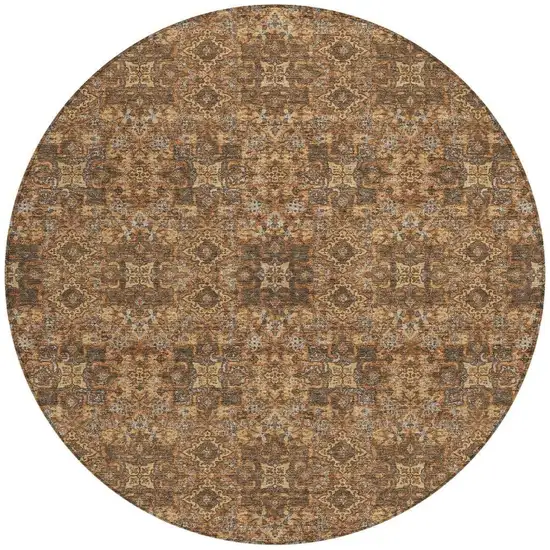 8' Orange And Linen Round Oriental Washable Indoor Outdoor Area Rug Photo 3