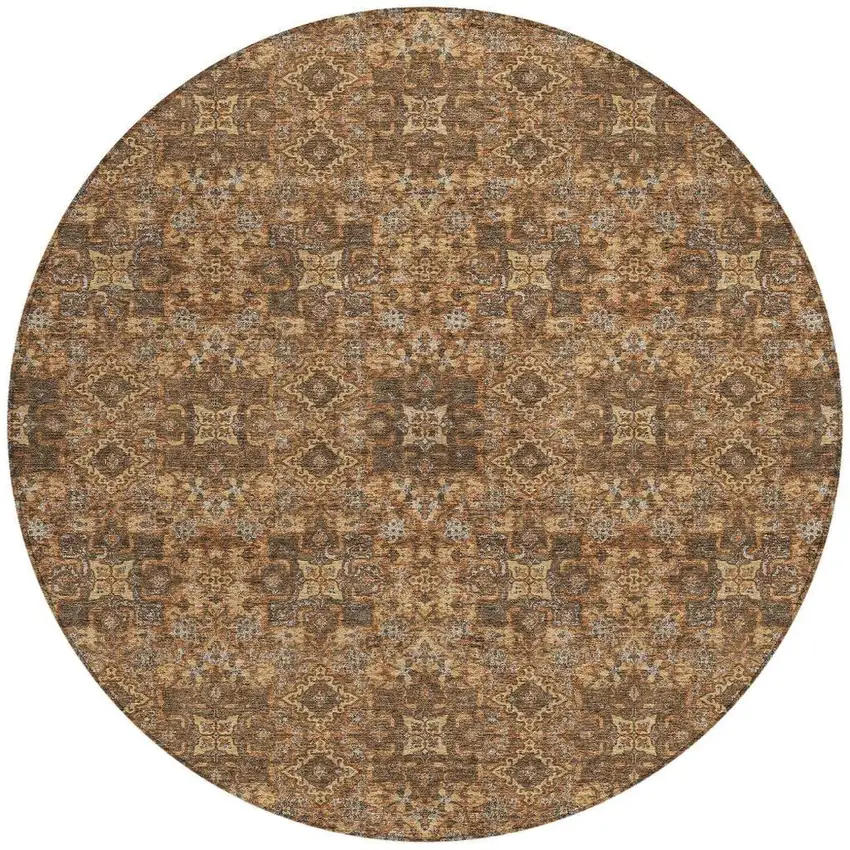 8' Orange And Linen Round Oriental Washable Indoor Outdoor Area Rug Photo 3