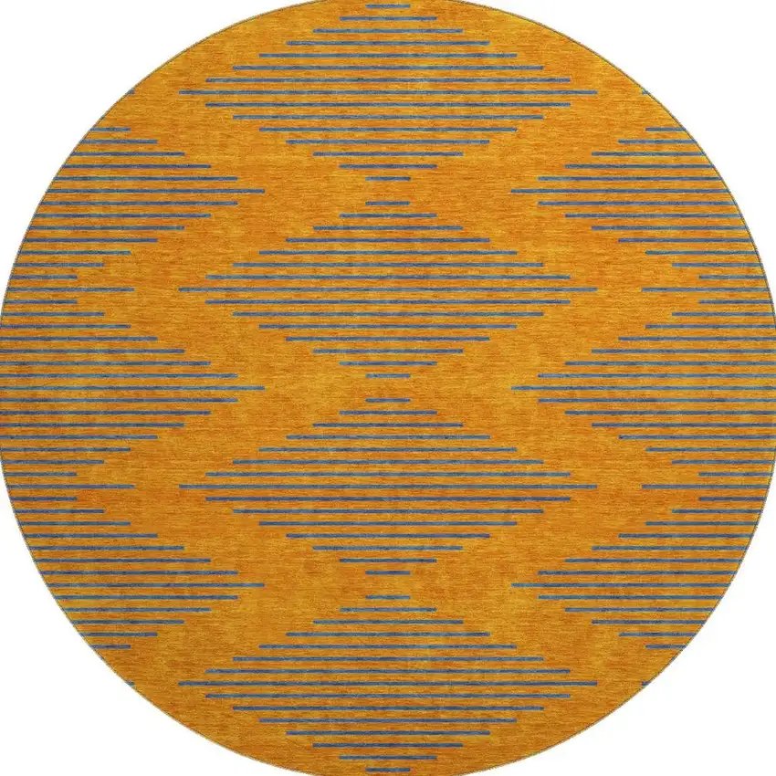 8' Orange And Navy Blue Geometric Washable Round Rug With UV Protection Photo 3