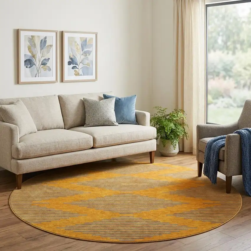 8' Orange And Navy Blue Geometric Washable Round Rug With UV Protection Photo 1