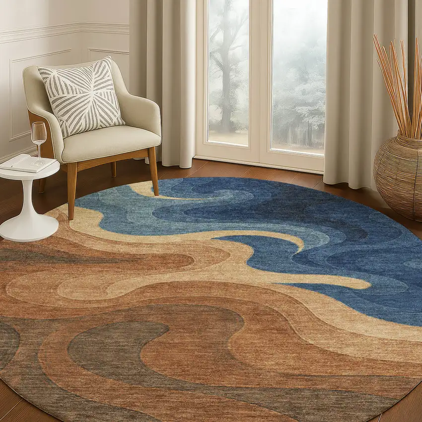 8' Orange And Navy Blue Round Abstract Washable Indoor Outdoor Area Rug Photo 5