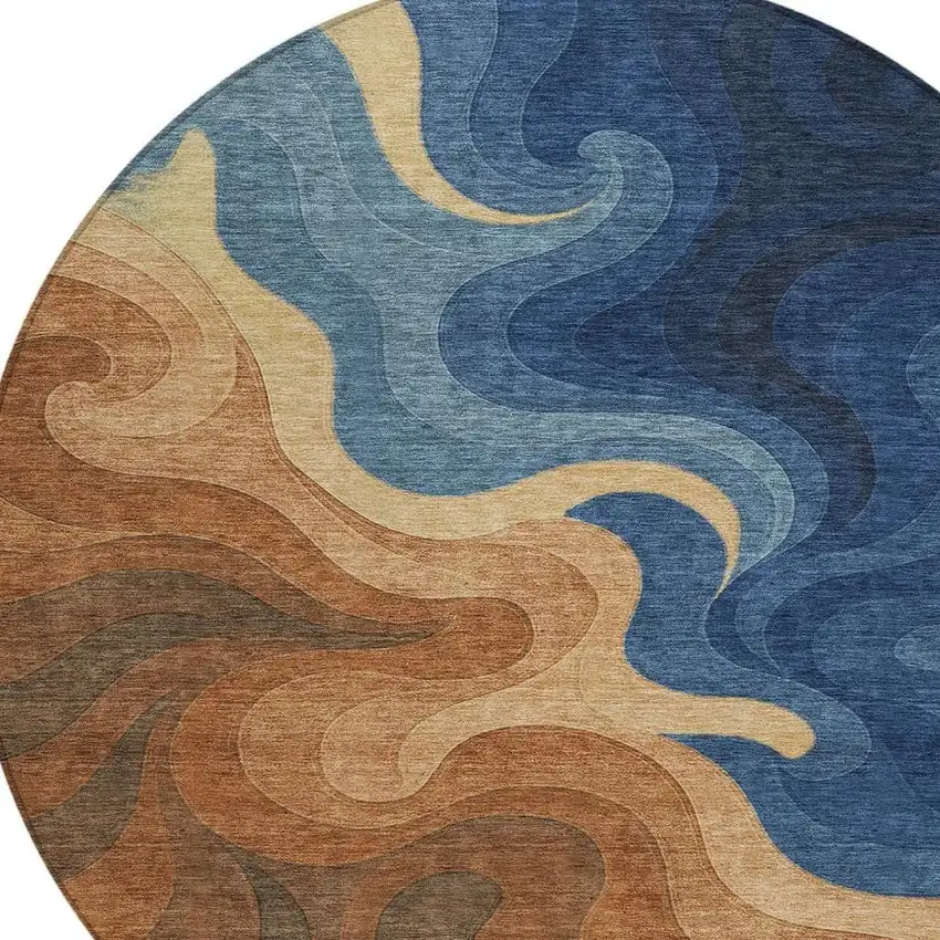 8' Orange And Navy Blue Round Abstract Washable Indoor Outdoor Area Rug Photo 2