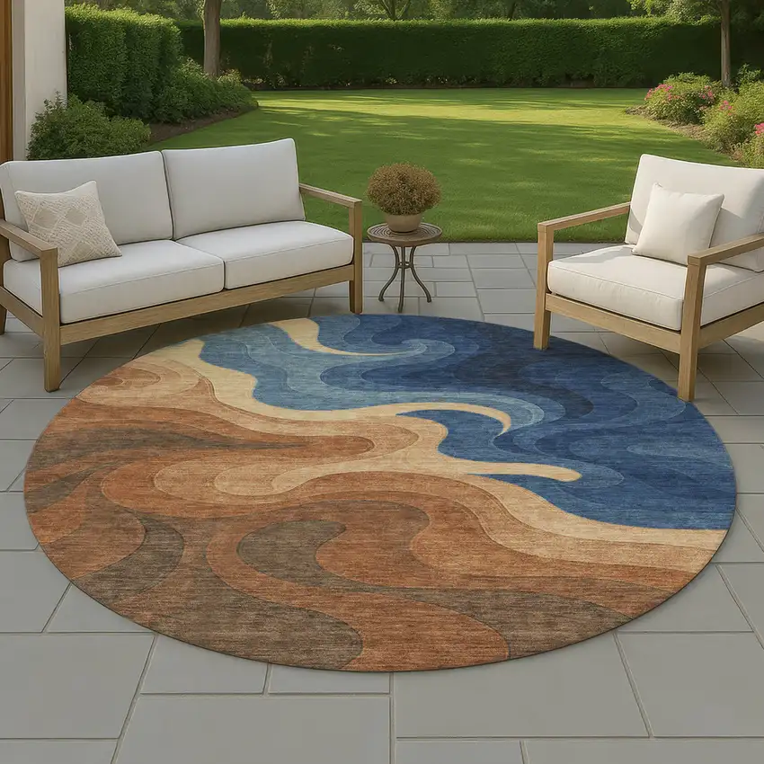 8' Orange And Navy Blue Round Abstract Washable Indoor Outdoor Area Rug Photo 4