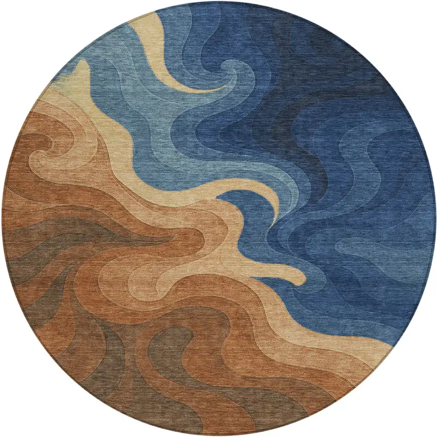 8' Orange And Navy Blue Round Abstract Washable Indoor Outdoor Area Rug Photo 1