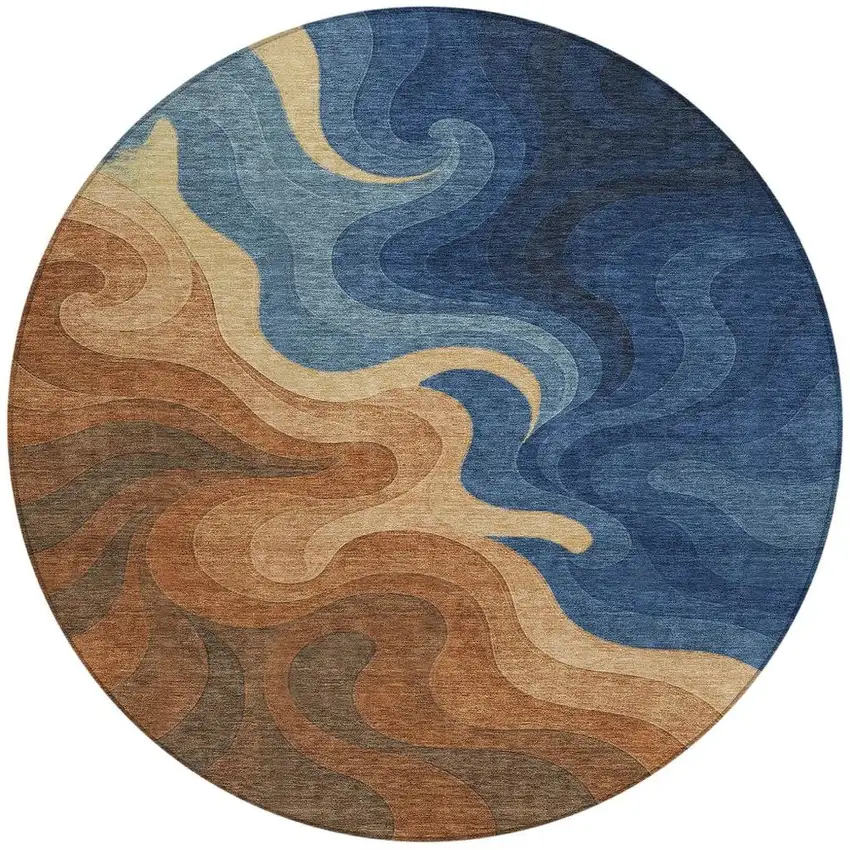 8' Orange And Navy Blue Round Abstract Washable Indoor Outdoor Area Rug Photo 3