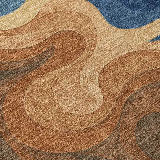 8' Orange And Navy Blue Round Abstract Washable Indoor Outdoor Area Rug Photo 7