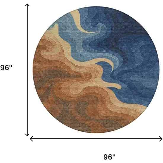 8' Orange And Navy Blue Round Abstract Washable Indoor Outdoor Area Rug Photo 8