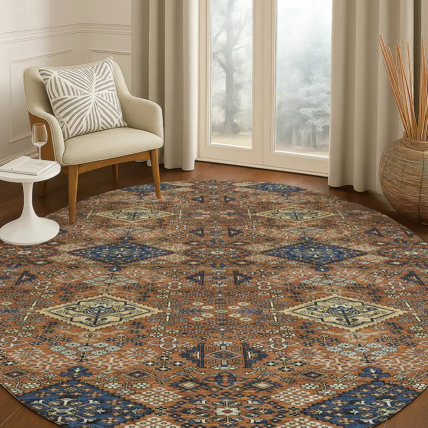 8' Orange And Navy Blue Round Geometric Washable Indoor Outdoor Area Rug Photo 5