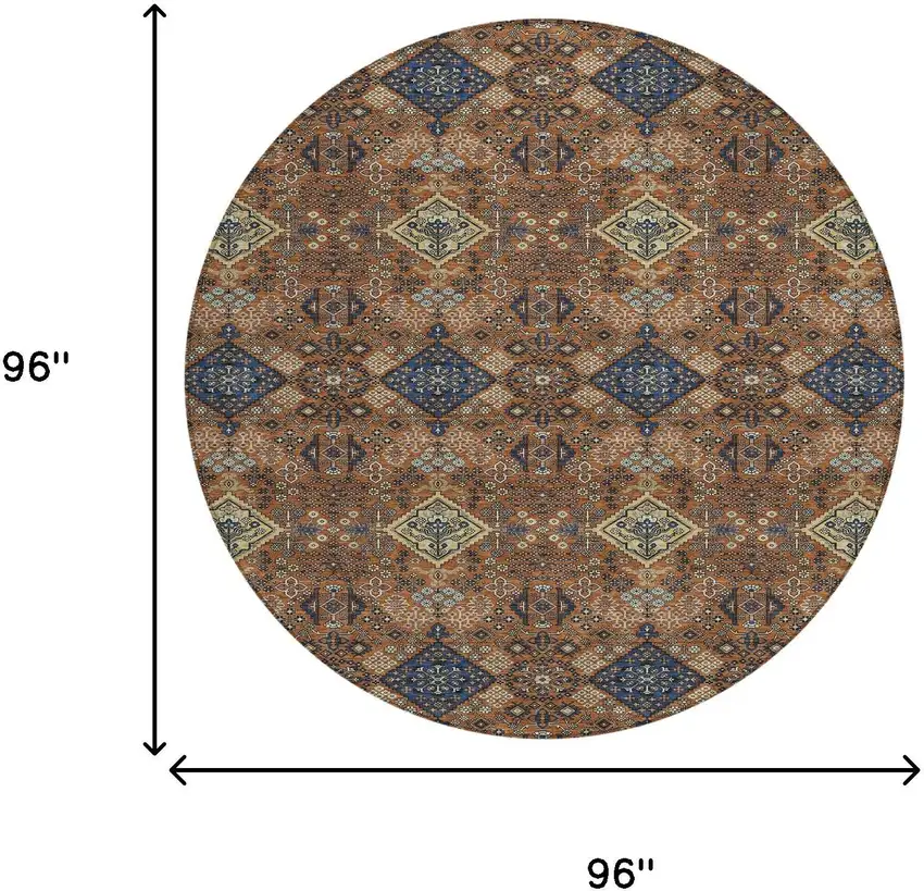 8' Orange And Navy Blue Round Geometric Washable Indoor Outdoor Area Rug Photo 7