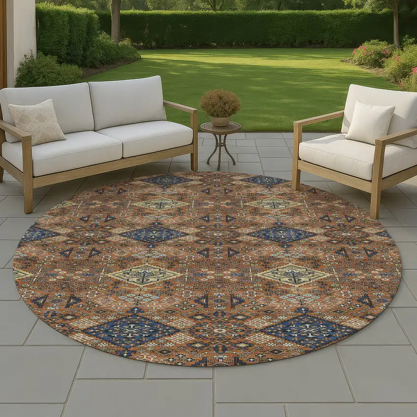 8' Orange And Navy Blue Round Geometric Washable Indoor Outdoor Area Rug Photo 4
