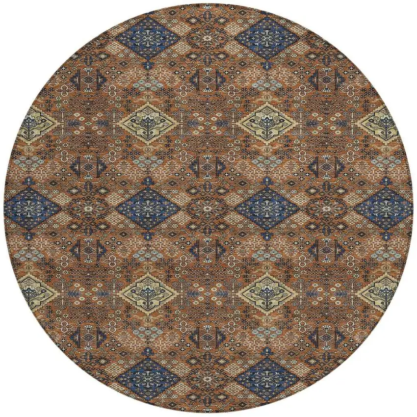 8' Orange And Navy Blue Round Geometric Washable Indoor Outdoor Area Rug Photo 3