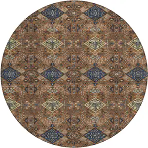 Photo of 8' Orange And Navy Blue Round Geometric Washable Indoor Outdoor Area Rug