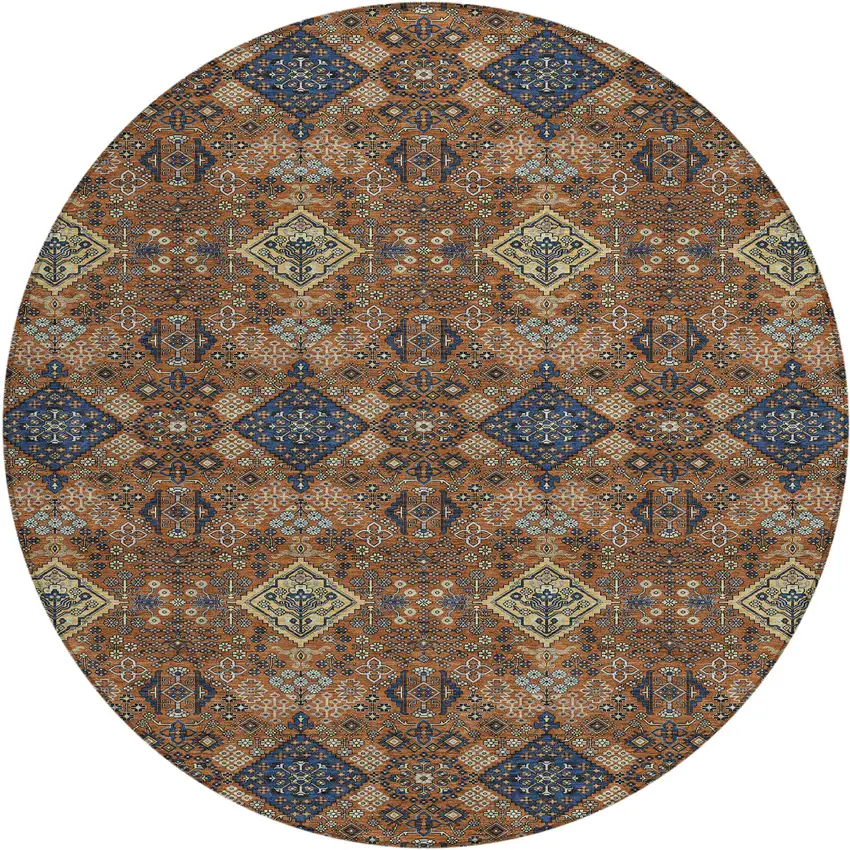 8' Orange And Navy Blue Round Geometric Washable Indoor Outdoor Area Rug Photo 1