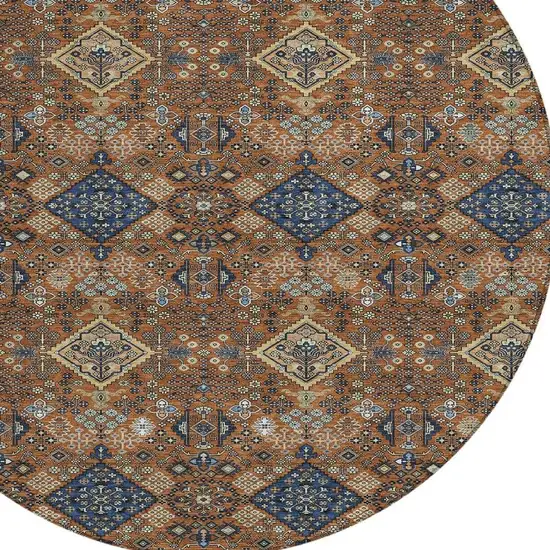 8' Orange And Navy Blue Round Geometric Washable Indoor Outdoor Area Rug Photo 2