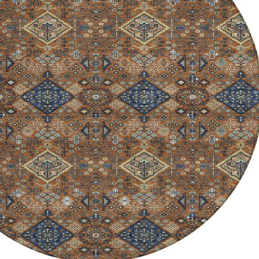 8' Orange And Navy Blue Round Geometric Washable Indoor Outdoor Area Rug Photo 2