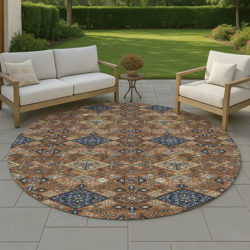8' Orange And Navy Blue Round Geometric Washable Indoor Outdoor Area Rug Photo 4
