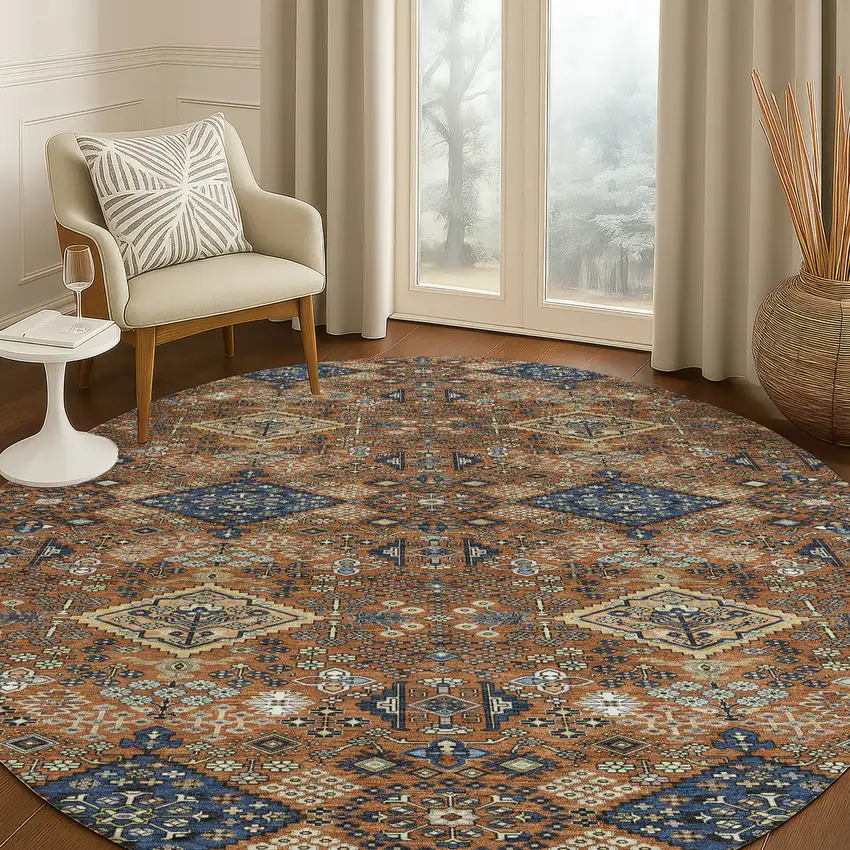 8' Orange And Navy Blue Round Geometric Washable Indoor Outdoor Area Rug Photo 5