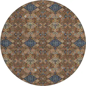 Photo of 8' Orange And Navy Blue Round Geometric Washable Indoor Outdoor Area Rug