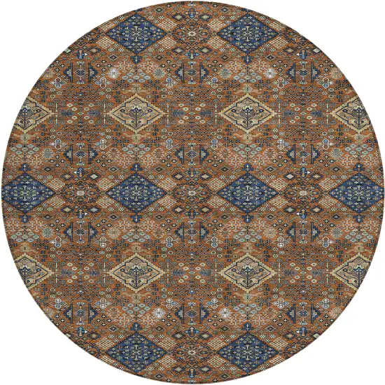 8' Orange And Navy Blue Round Geometric Washable Indoor Outdoor Area Rug Photo 1