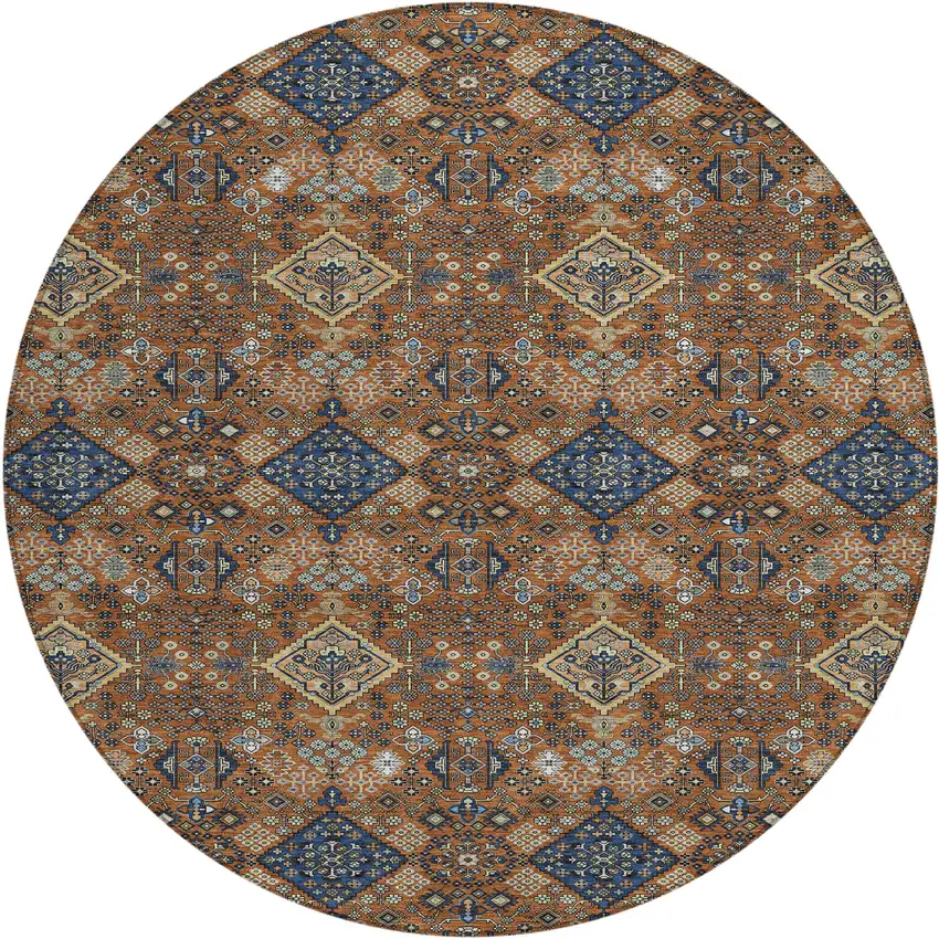 8' Orange And Navy Blue Round Geometric Washable Indoor Outdoor Area Rug Photo 1