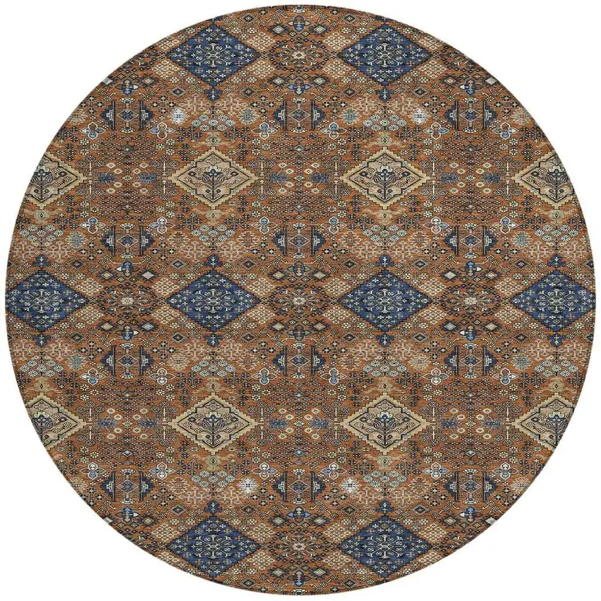 8' Orange And Navy Blue Round Geometric Washable Indoor Outdoor Area Rug Photo 3