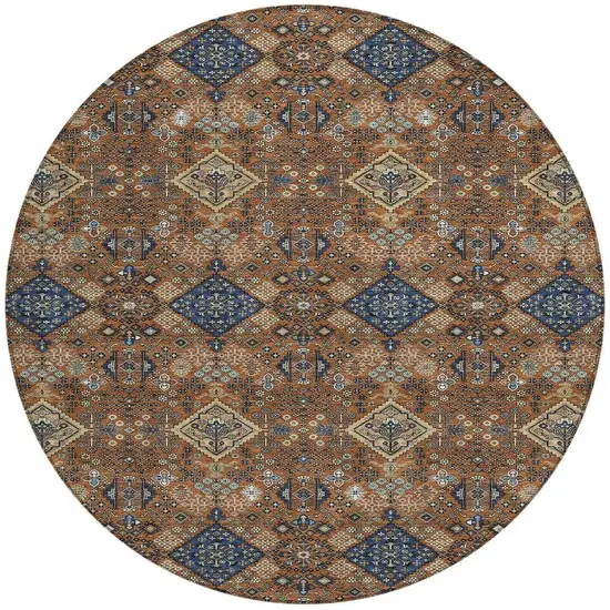 8' Orange And Navy Blue Round Geometric Washable Indoor Outdoor Area Rug Photo 3