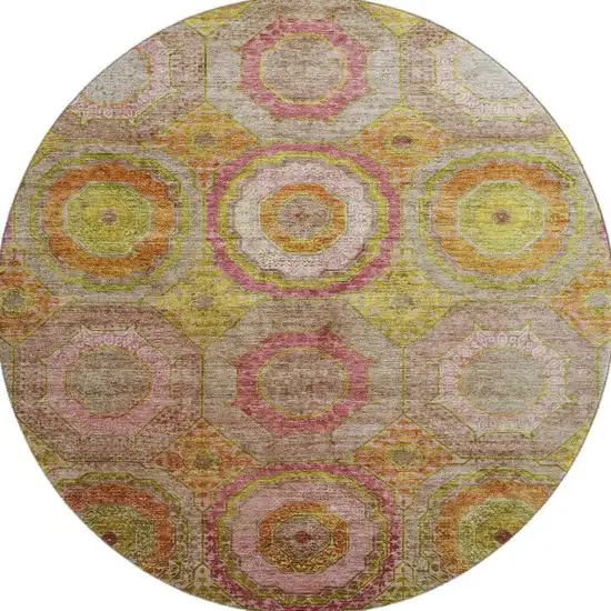 8' Orange And Pink Geometric Washable Round Rug With UV Protection Photo 4