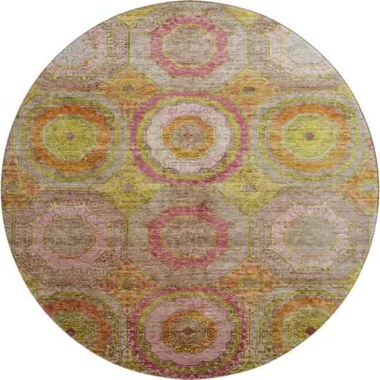 8' Orange And Pink Geometric Washable Round Rug With UV Protection Photo 1