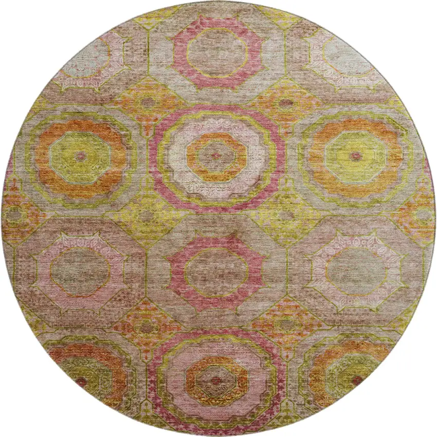 8' Orange And Pink Geometric Washable Round Rug With UV Protection Photo 1