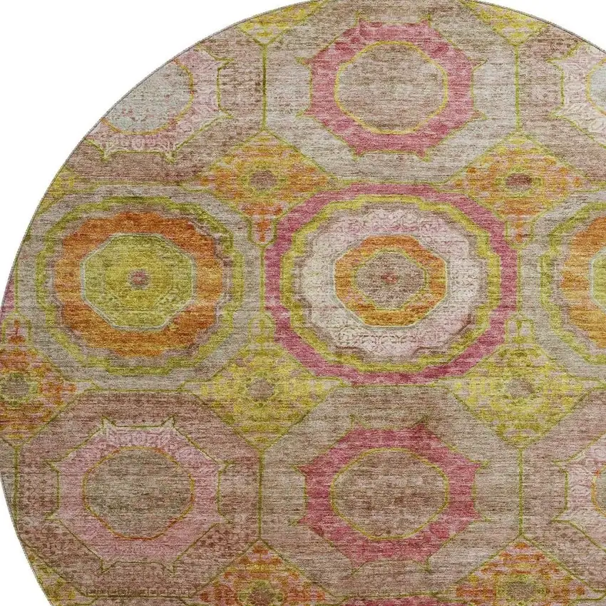 8' Orange And Pink Geometric Washable Round Rug With UV Protection Photo 3