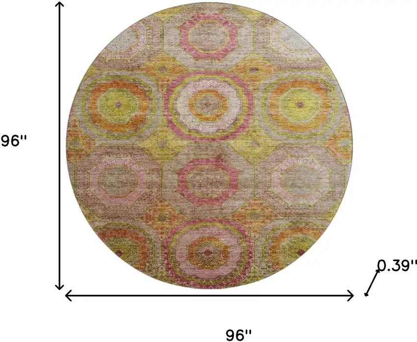 8' Orange And Pink Geometric Washable Round Rug With UV Protection Photo 8