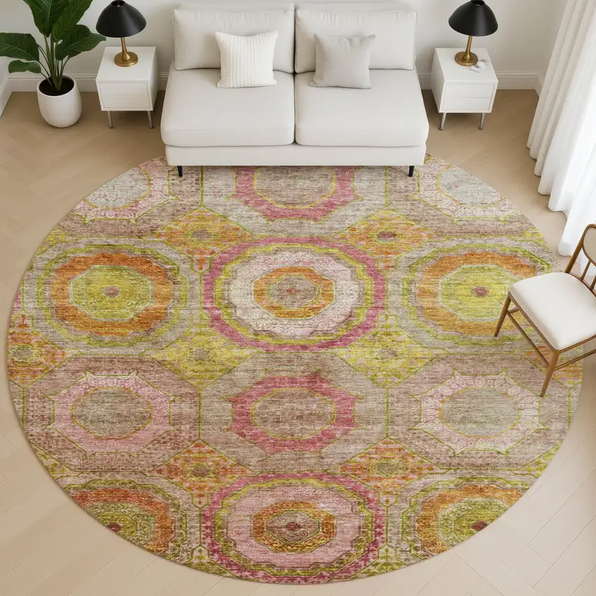 8' Orange And Pink Geometric Washable Round Rug With UV Protection Photo 5