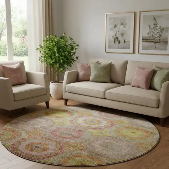 8' Orange And Pink Geometric Washable Round Rug With UV Protection Photo 2